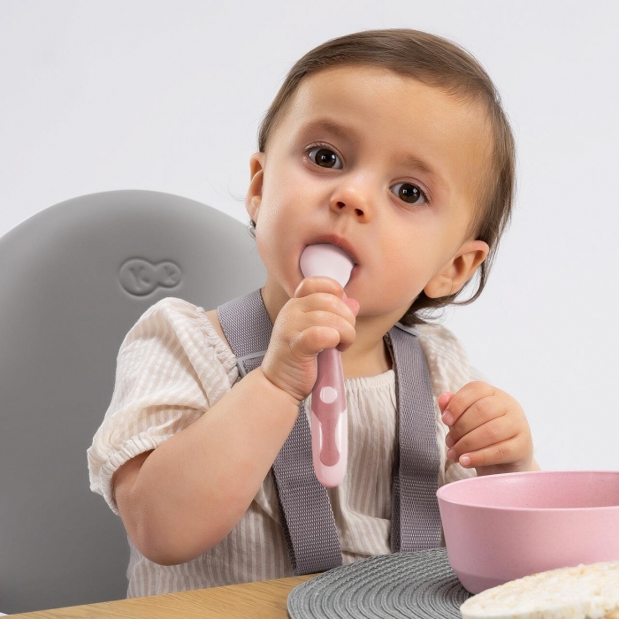 Tacamuri flexibile pentru copii, lingurita si furculita, fara BPA, roz, 6+ luni, Reer 23044