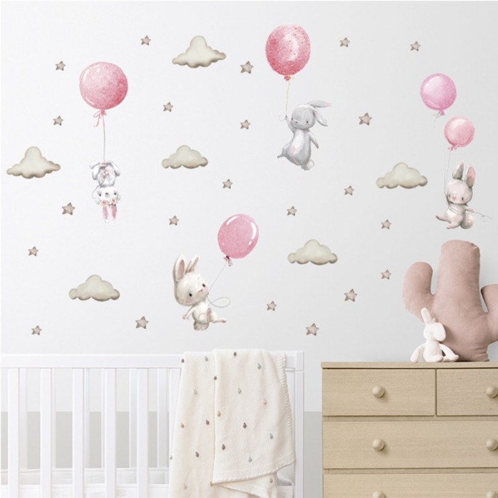 Sticker Decorativ Pentru Copii, Autoadeziv, Iepurasi cu baloane, roz, 70x49 cm EKDWS63028