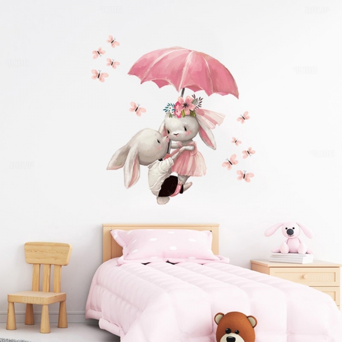 Sticker Decorativ Pentru Copii, Autoadeziv, Iepurasi cu umbrela, 62 x 64 cm EKDWS63033