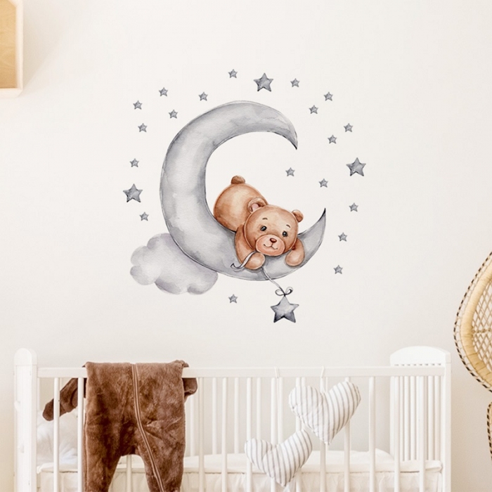 Sticker Decorativ Pentru Copii, Autoadeziv, Ursulet de plus intins pe luna, 62x60 cm EKDWS63037