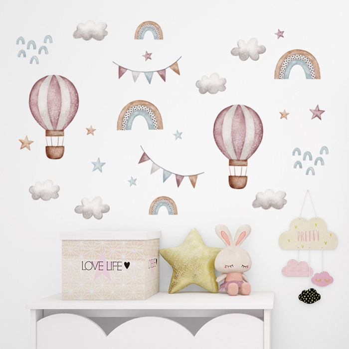 Sticker Decorativ Pentru Copii, Autoadeziv, baloane colorate, curcubeu, stele, 86x64 cm EKDWS63040