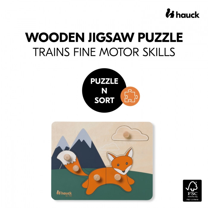Puzzle din lemn certificat FSC, cu piese imbinate, Hauck, Fox EKDhk13069