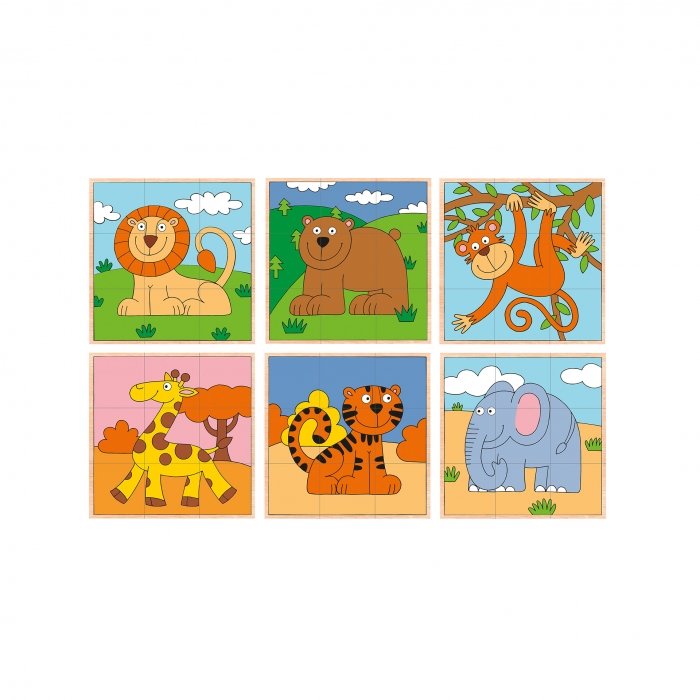 Puzzle din lemn cuburi - Animale exotice 3 x 3