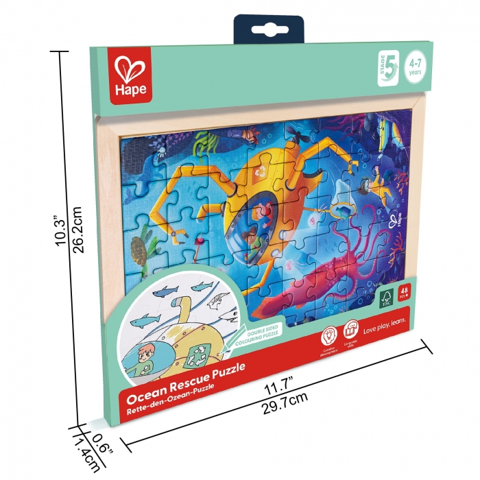 Puzzle din lemn 2 in 1 - Salvarea Oceanului (50 piese), cu fata dubla si activitate colorare