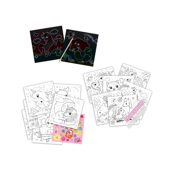 Carte colorat 3 in 1 de copii cu animale, sclipici si perle adezive